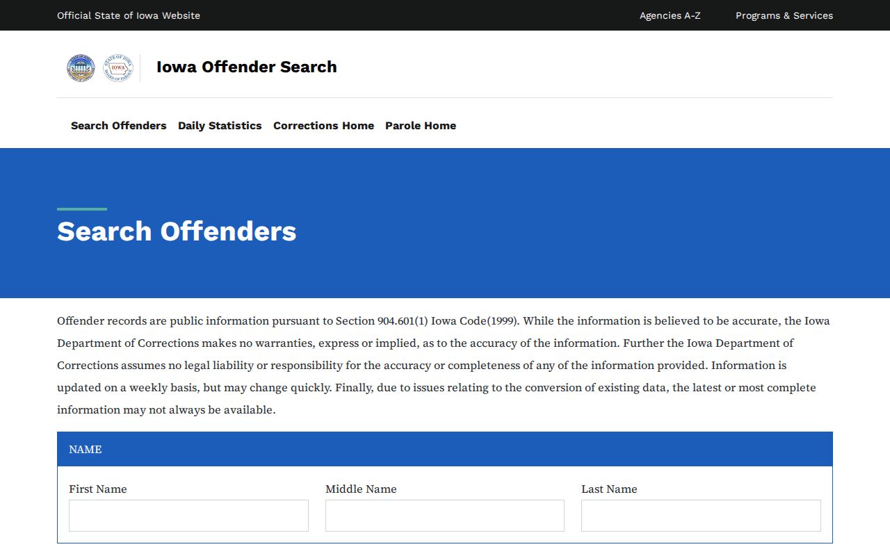 Iowa Department of Corrections Find an Offender search form