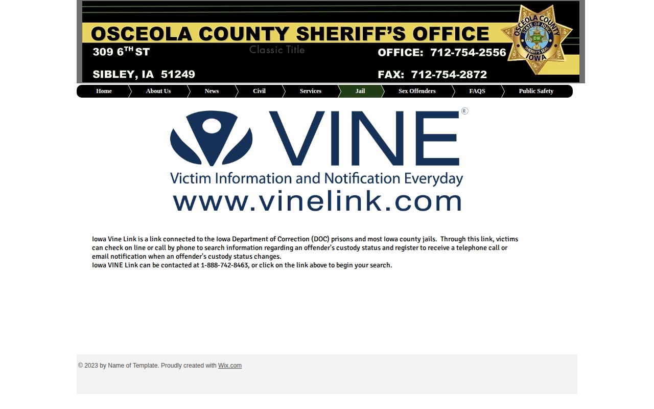 Osceola County Sheriff's Office IowaVINE information page