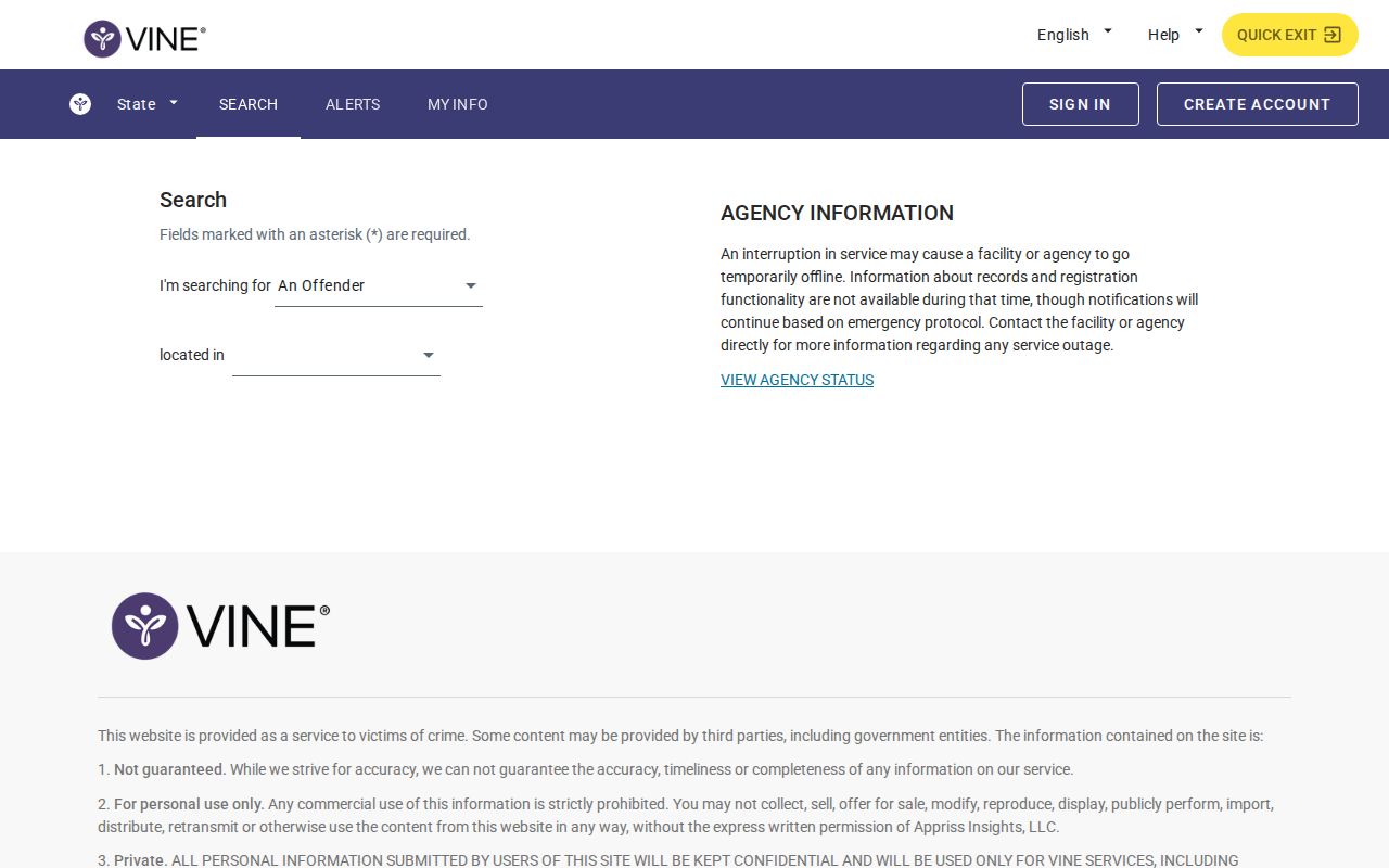 VINELink custody search interface for selecting a state and searching for a person