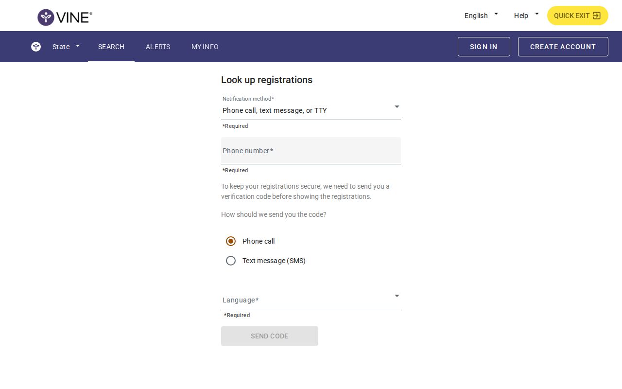 VINELink registration screen for custody status notifications